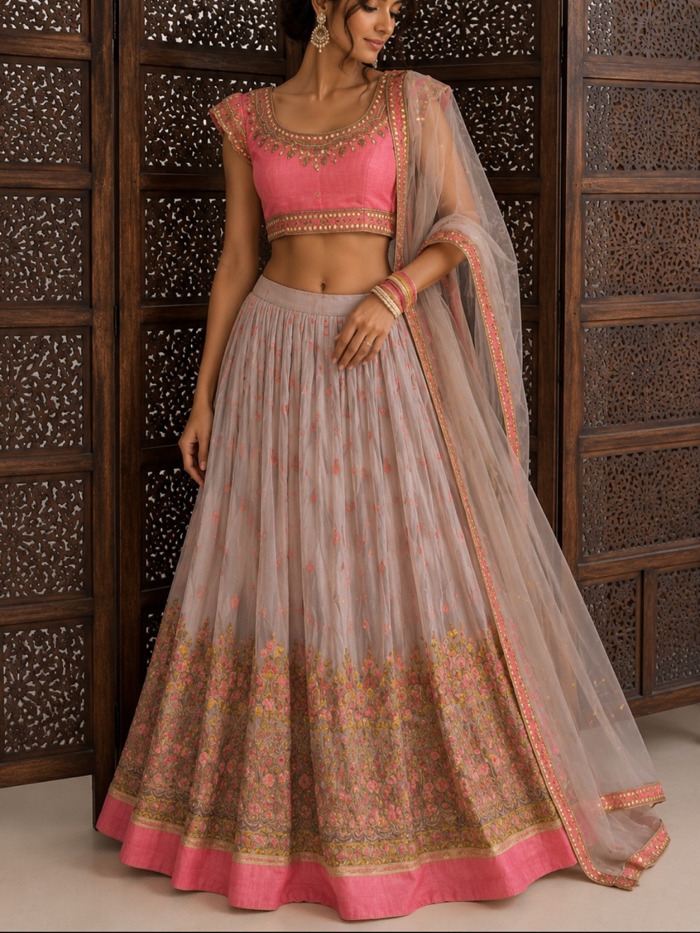 Designers Originals Pink and Gray hand embroidered with gota work Lehenga